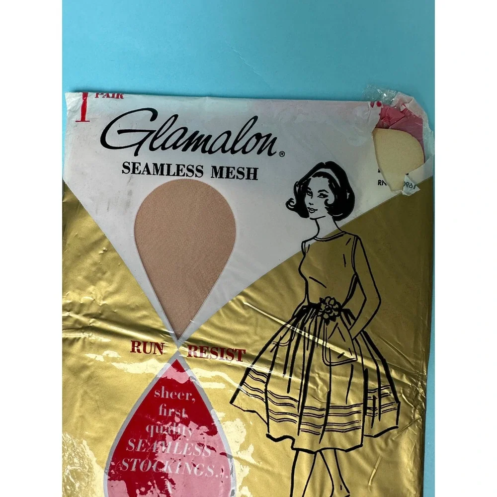 Vintage 1960s Glamalon Seamless Mesh Stockings Deadstock Run Resist Nylon Tan